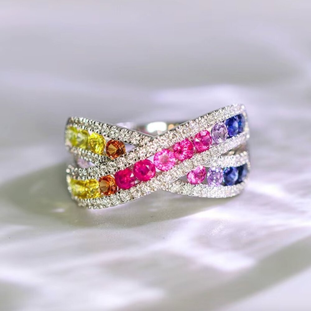 14k White Gold Diamond Rainbow Gemstones Diamond Ring Band